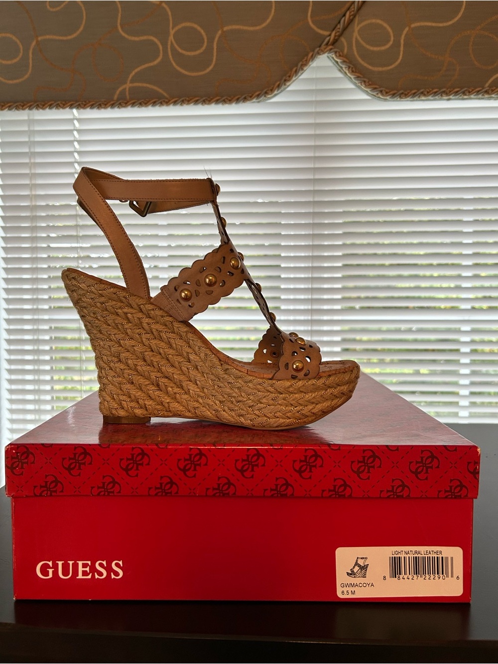 GUESS Tan Braided Espadrille Wedge Sandals with Stud Accents
